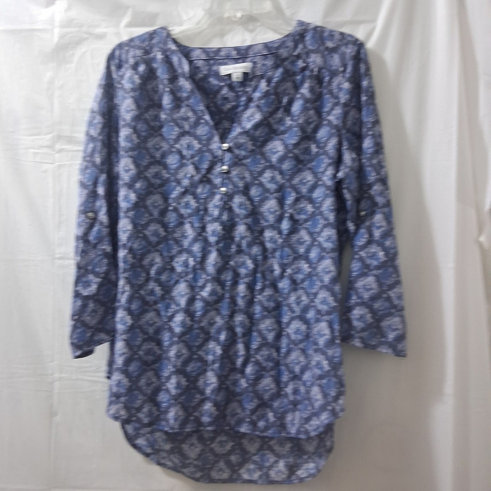 Kim Rogers Blue Paisley Print Roll Tab Sleeve Small Casual Blouse Top‎